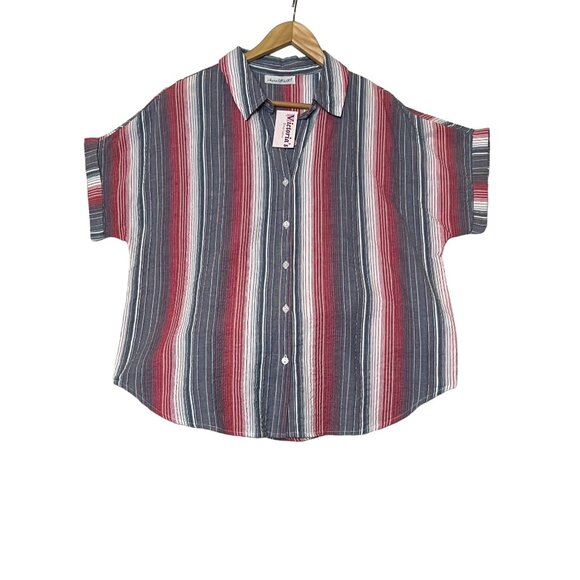 NWT Keren Hart Womens Striped Short Sleeve Shirt Large Red/Blue Cotton Button - Picture 16 of 16
